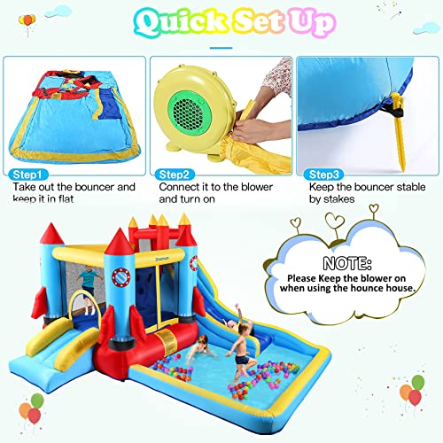 Inflatable Water Bounce House with Blower Kids Water bouncy Castle with Slide, Climbing Wall, Plash Pool, Including Carry Bag Repair Kit ((146 x 132 x 81) Castle)