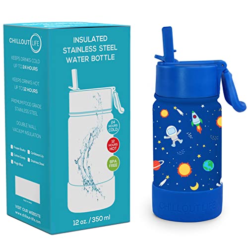 CHILLOUT LIFE 12 oz Kids Insulated Water Bottle for School with Straw Lid Leakproof and Cute Waterproof Stickers, Personalized Stainless Steel Thermos Flask Metal Water Bottle, Pink Sparkle