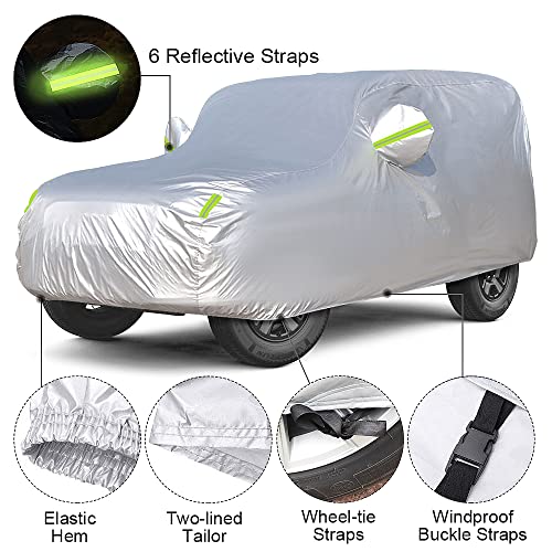 Waterproof Car Cover for Jeep Wrangler 2006-2021 JK & JL 4 Door All Weather Protection Jeep Cover with Windproof Straps Fits up to 190’’, Silver