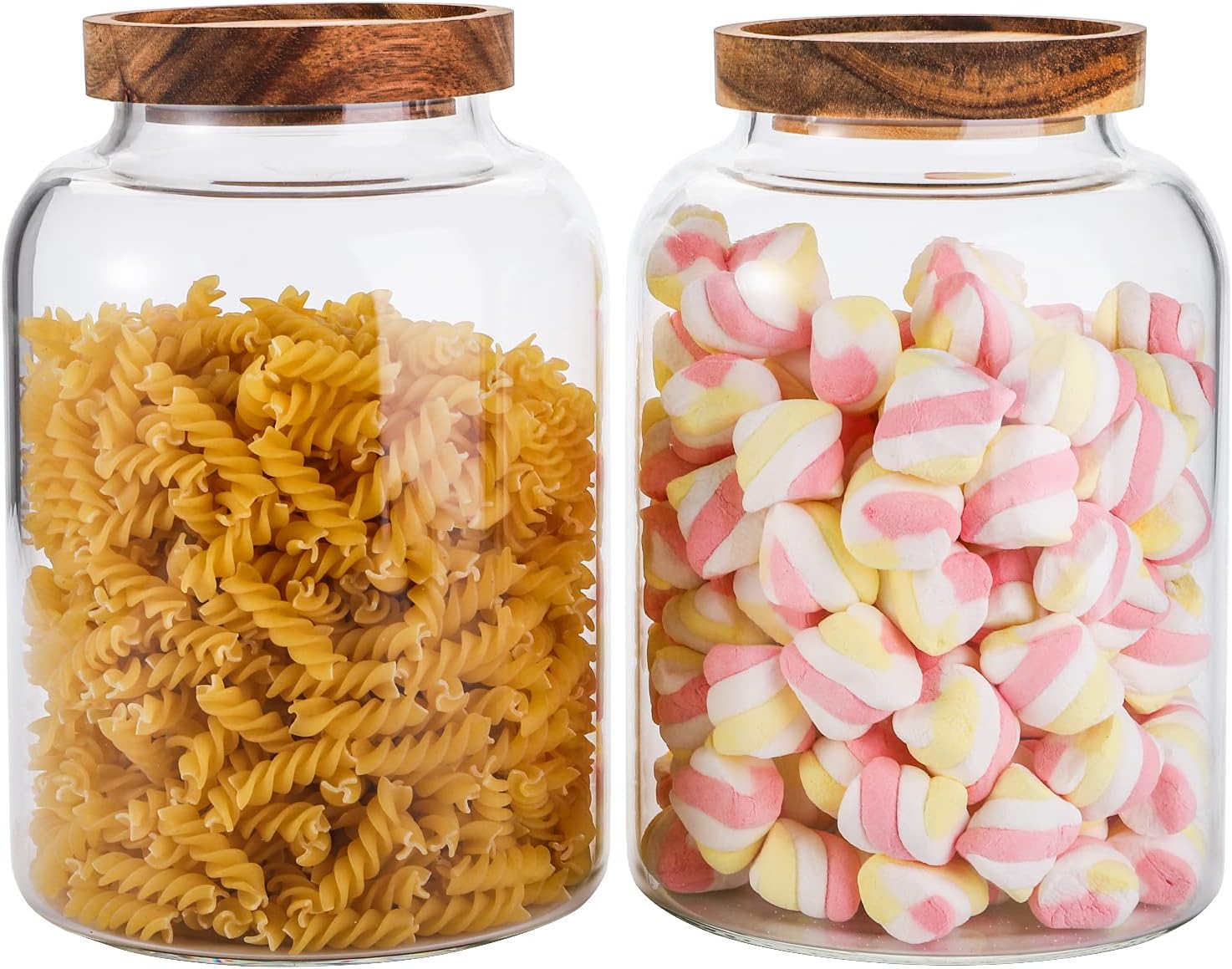 Bekith 2 Pack Large Glass Food Storage Container with Airtight Wooden Lid, 66 FL OZ(1950ml) Glass Food Canister for Kitchen and Pantry Organization, Cereal Dispenser Jars for Spaghetti Pasta, Tea