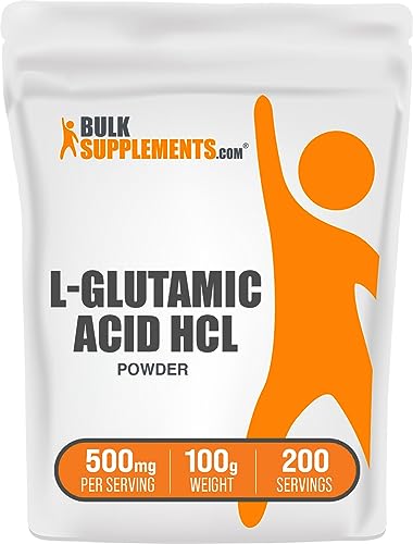 BulkSupplements.com L-Glutamic Acid HCl Powder - Amino Acid Supplement, Glutamate Supplement - for Gut Health, Glulten Free, 500mg per Serving, 250g (8.8 oz) (Pack of 1)