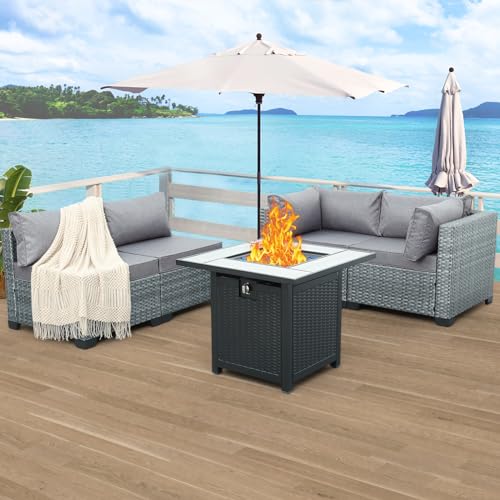 Valita 5-Piece Patio Rattan Furniture Set Outdoor PE Wicker Conversation Couch, Grey Rattan Sectional Sofa with Coffee Table and Washable Grey Cushion