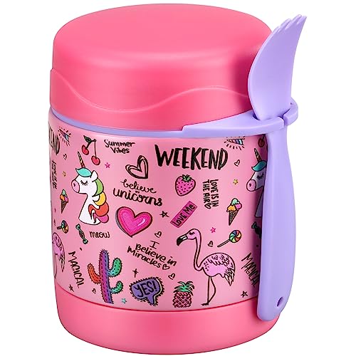 10oz Insulated Food Jar, Thermo for Hot Food Lunch Container, Stainless Steel Lunch Box for Kids with Spoon (Pink)