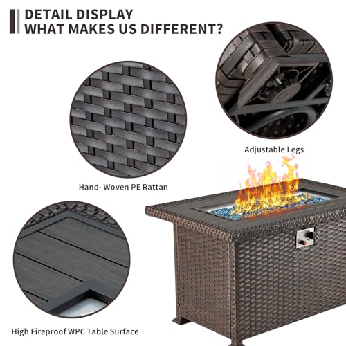 HOMREST Propane Fire Pit Table, 44 Inch 50,000 BTU Auto-Ignition Gas Fire Pit Table Rectangular, Wood Plastic Composites Tabletop, CSA Certification Firepit for Outdoor Patio Lawn(Brown)
