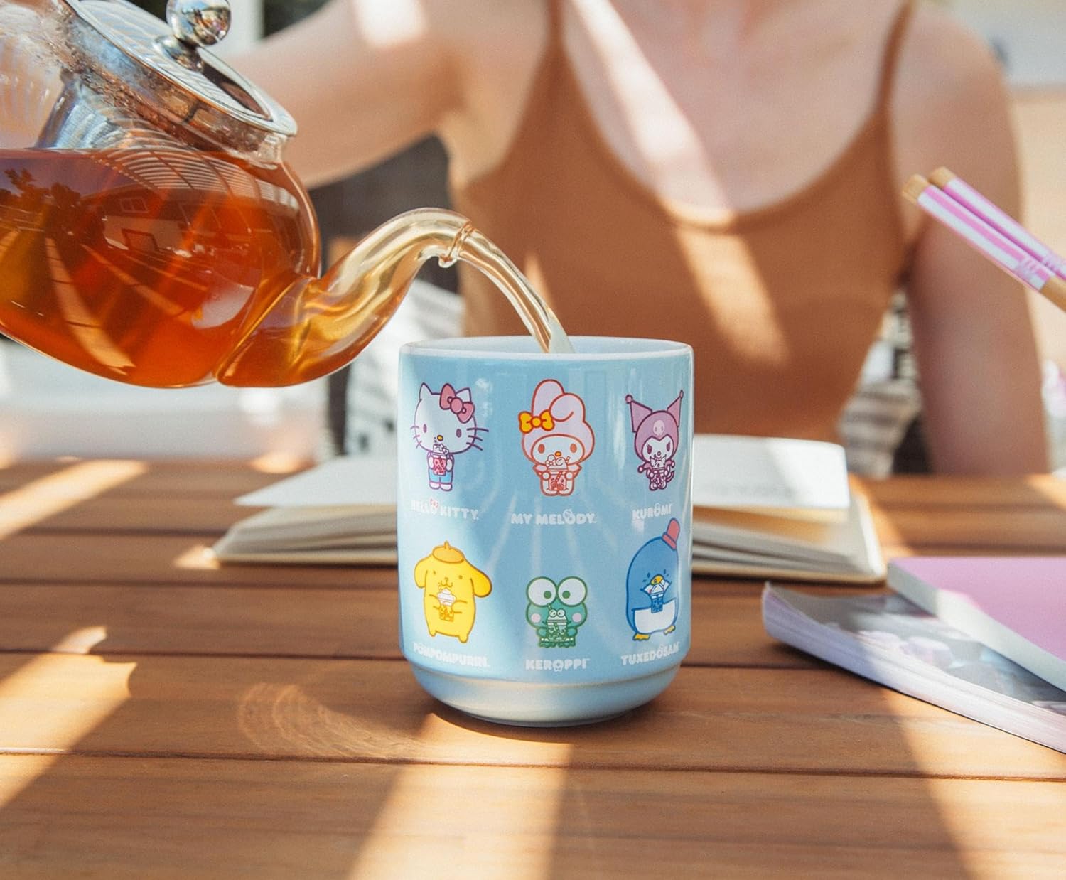 Hello Kitty Sanrio and Friends Drinking Boba Character Grid Asian Ceramic Tea Cup | Traditional Japanese-Inspired Mug Without Handle | Holds 9 Ounces