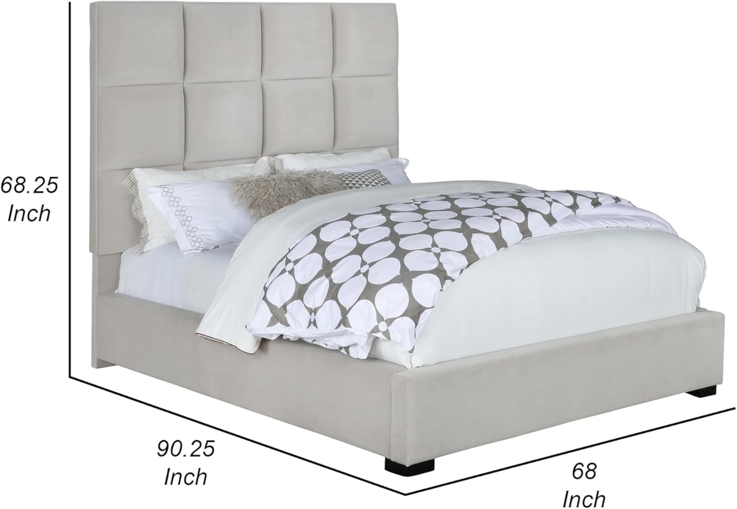Benjara Xee Queen Panel Bed with 3D Grid Tufted Headboard, Velvet Upholstery, Beige and Black