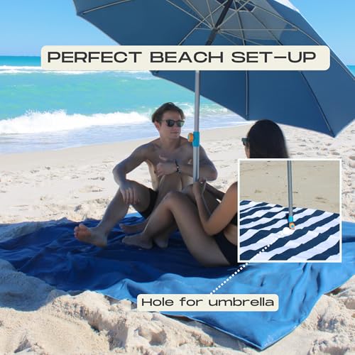 Plush Microfiber Beach Blanket, Extra Large Beach Mat for 1-4 Persons, Sandproof, Windproof | Hole for Beach Umbrella, Corner Sand Pockets to Fight Wind (Bag for Blanket Included)