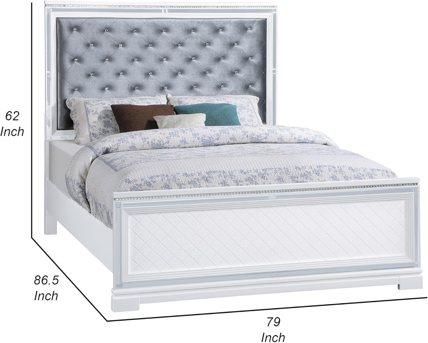 Benjara Axl Foam King Bed, Tufted Headboard, Velvet Upholstery, Frame, Silver and White