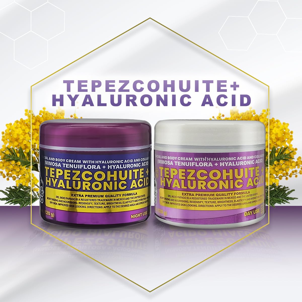 Tepezcohuite + Hyaluronic Acid Day and Night Face Creams JUMBO SIZE COMBO - Extra Premium Quality Formulas, Day Cream