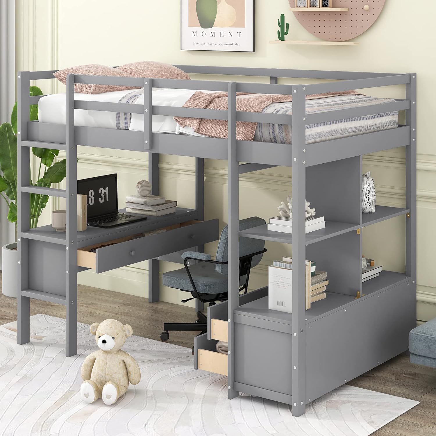 Twin Size Loft Bed with Desk, Drawers Chest and Storage Shelves, Wooden High Bedframe, for Kids Teens Bedroom, Gray