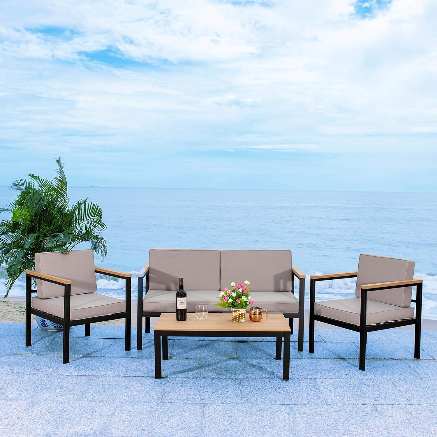 Safavieh Outdoor Collection Hendor Black/Grey 4-Piece Living Set PAT7525A