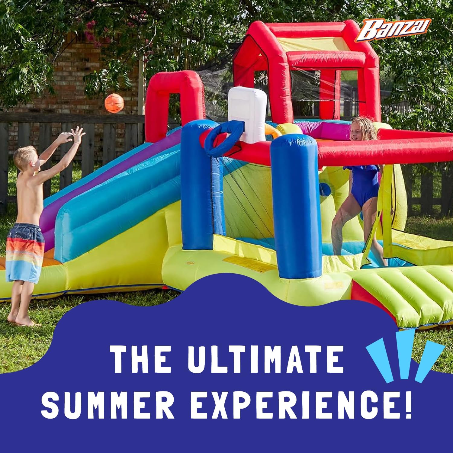 Banzai Climb ’N’ Bounce Bounce House with Slides, Basketball Hoops, Soccer Ball, and Blower
