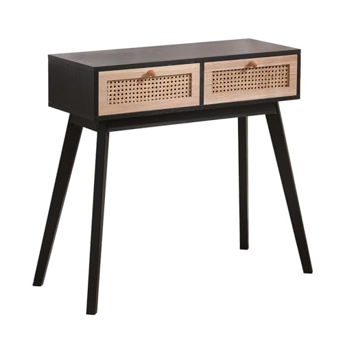 Mid-Century Modern Console Table with Rattan Drawers and Solid Wood Legs, Slim and Stylish Design for Hallway, Living Room, Natural+Black