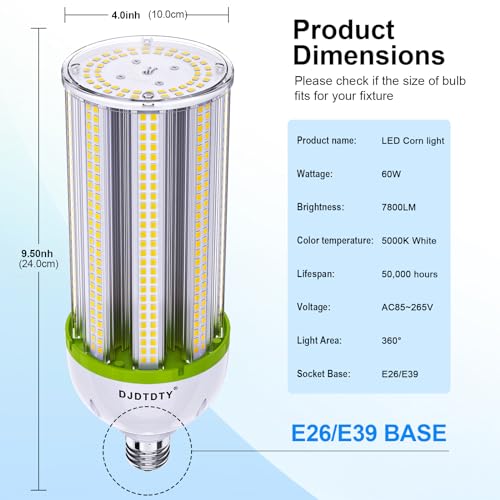 Amazon High Brightness LED Light Bulb，1 Pack LED Bulbs, 60W LED Corn Bulb, E26 Base with E39 Adapter,led ufo high bay light. 7800LM LED Light Bulb for Garage Warehouse Workshop Barn (60 Watts)