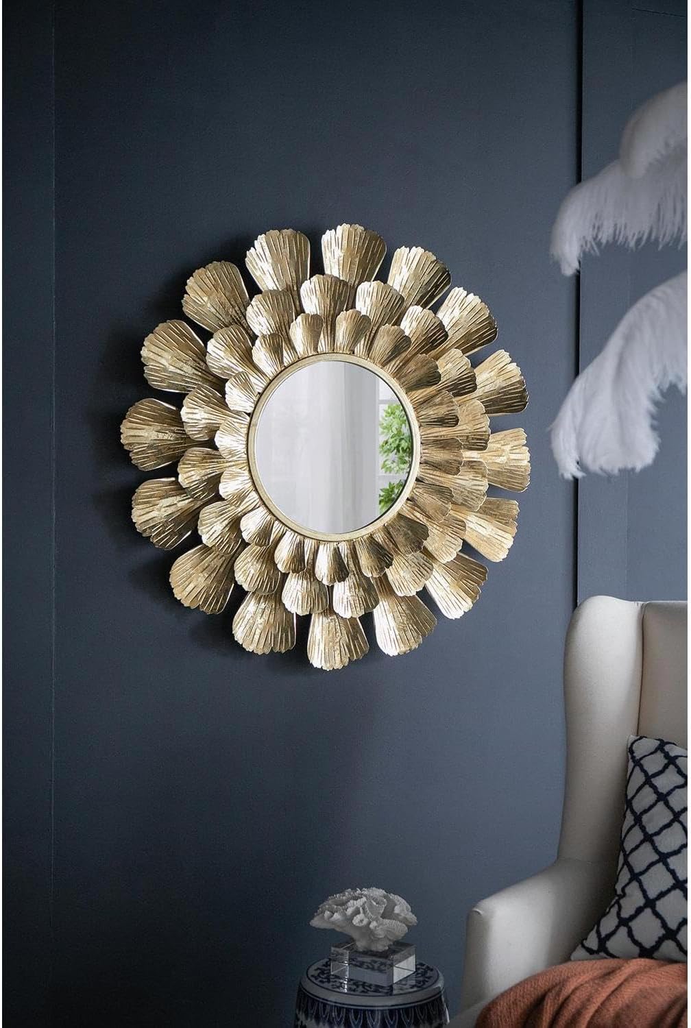 37” Round Gold Metal Wall Mirror with Trumpet Vine Motif, Contemporary Accent Mirror, for Living Room, Foyer, Entryway, Office