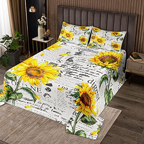 Castle Fairy Girls Sunflower Floral Bedspread King Size, Old Newspaper Design, Retro Fashion Plant Bedroom Decorative Bedding Quilted 3 Piece Farmhouse Coverlet Set with 2 Pillow Shams