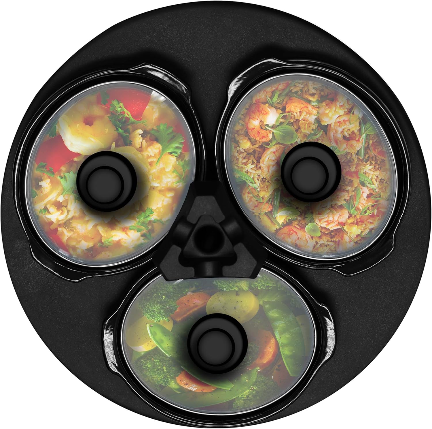 MegaChef Round Triple 1.5 Quart Slow Cooker and Buffet Server in Brushed Copper and Black Finish with 3 Ceramic Cooking Pots and Removable Lid Rests