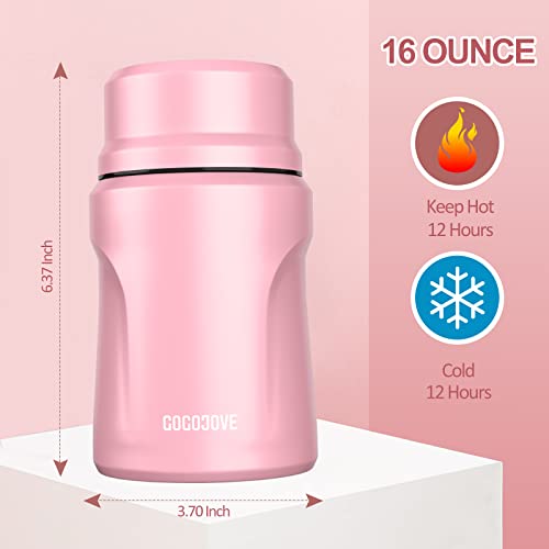 Thermoses for Hot Food,16 oz Insulated Food Jar Lunch Containers for Kids/Adult Leak Proof Vacuum Stainless Steel Keep Hot/Cold for School Office Travel Outdoors (Pink)