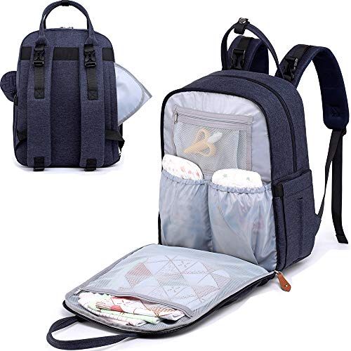 BabbleRoo Baby Diaper Bag Backpack - Waterproof Travel Tote with Changing Pad, Stroller Straps & Pacifier Case - Unisex, Navy Blue