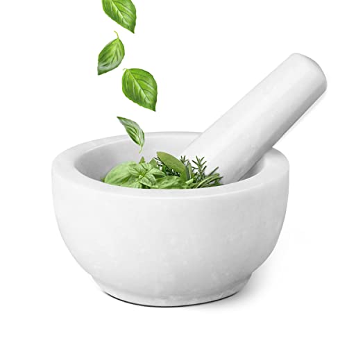 Flexzion Marble Mortar and Pestle Set - Solid Granite Stone Grinder Bowl Holder 5.5 Inch for Guacamole, Herbs, Spices, Garlic, Kitchen, Cooking, Medicine (White)