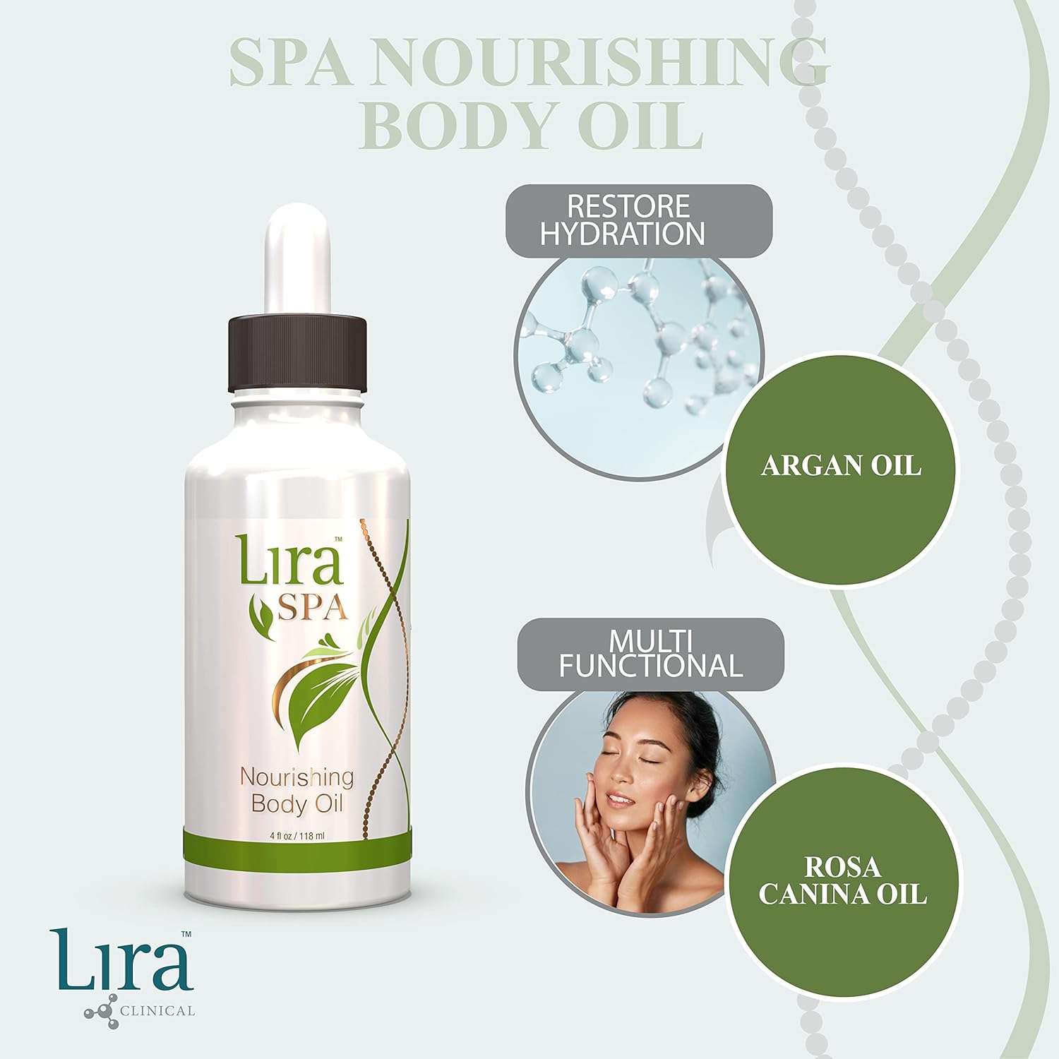 Lira Clinical SPA Nourishing Oil - Hydrating Body Oil Blend of Argan, Coconut, Rosa Canina Oils & Vitamins with Plant Stem Cells - Soften and Hydrate Skin - For All Skin Types - 4 fl oz