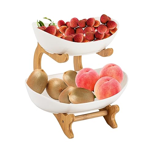 2 Tier Fruit Bowl Basket Bamboo Ceramic Fruit Storage Bowl Tray for Kitchen Counter Fruit Vegetable Storage Organizer Decorative Fruit Stand Rack for Snack Dessert Vegetable (Khaki)