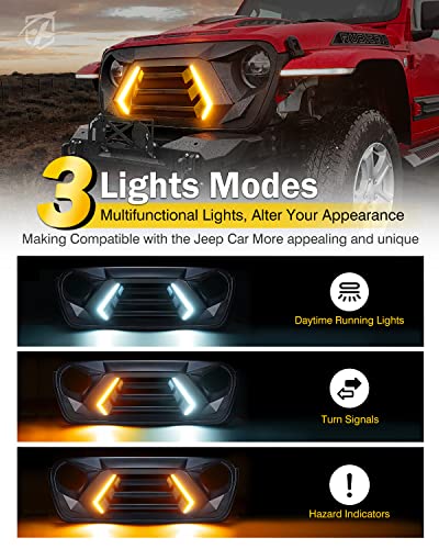 Xprite Front Grill Replacement Compatible with 2018-2024 Jeep Wrangler JL JLU & 2020+ Gladiator JT, Matte Black Shark Grille w/Running and Turn Signals Light