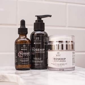 Radha Beauty Rosehip Complete Facial Care Kit - 3-in-1 Anti-Aging Set with Cleanser, Serum, and Moisturizer for Wrinkles, and Dark Spots, Day & Night Brightening Skincare Gift Set