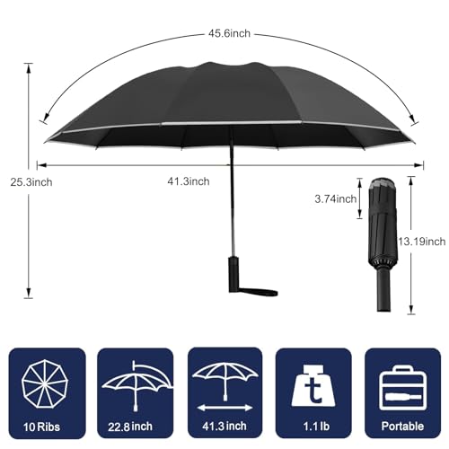 Windproof Travel Umbrella, Rain Sun and UV Resistant Auto Open Close Compact Portable Folding Umbrella for Car, Backpack, Men and Women, Black