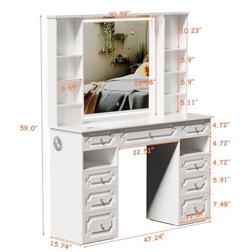 Vanity Desk with Mirror & Light,Makeup Vanity Table with Facial Mask Box,Vanity Table with Bluetooth Speaker,Dressing Table with 9Drawers & 8 Cabinets, Makeup Table with Wireless Charger,White