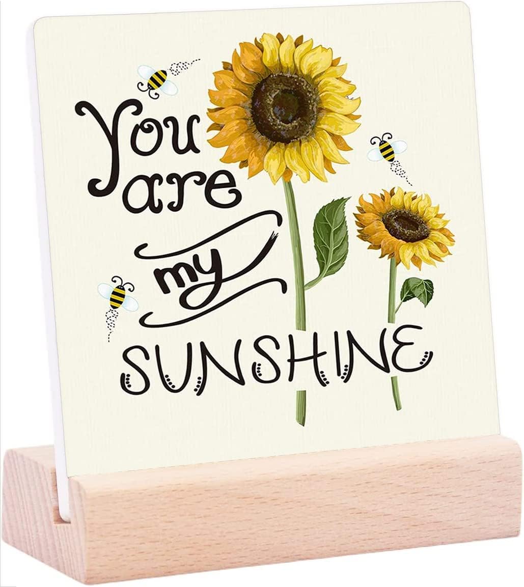 Ceramic Table Plaque with Wooden Stand Desk Decorations- Sunflower Bee You are My Sunshine Tabletop Sign Desk Decorations for Home Office Bedroom Family Decor