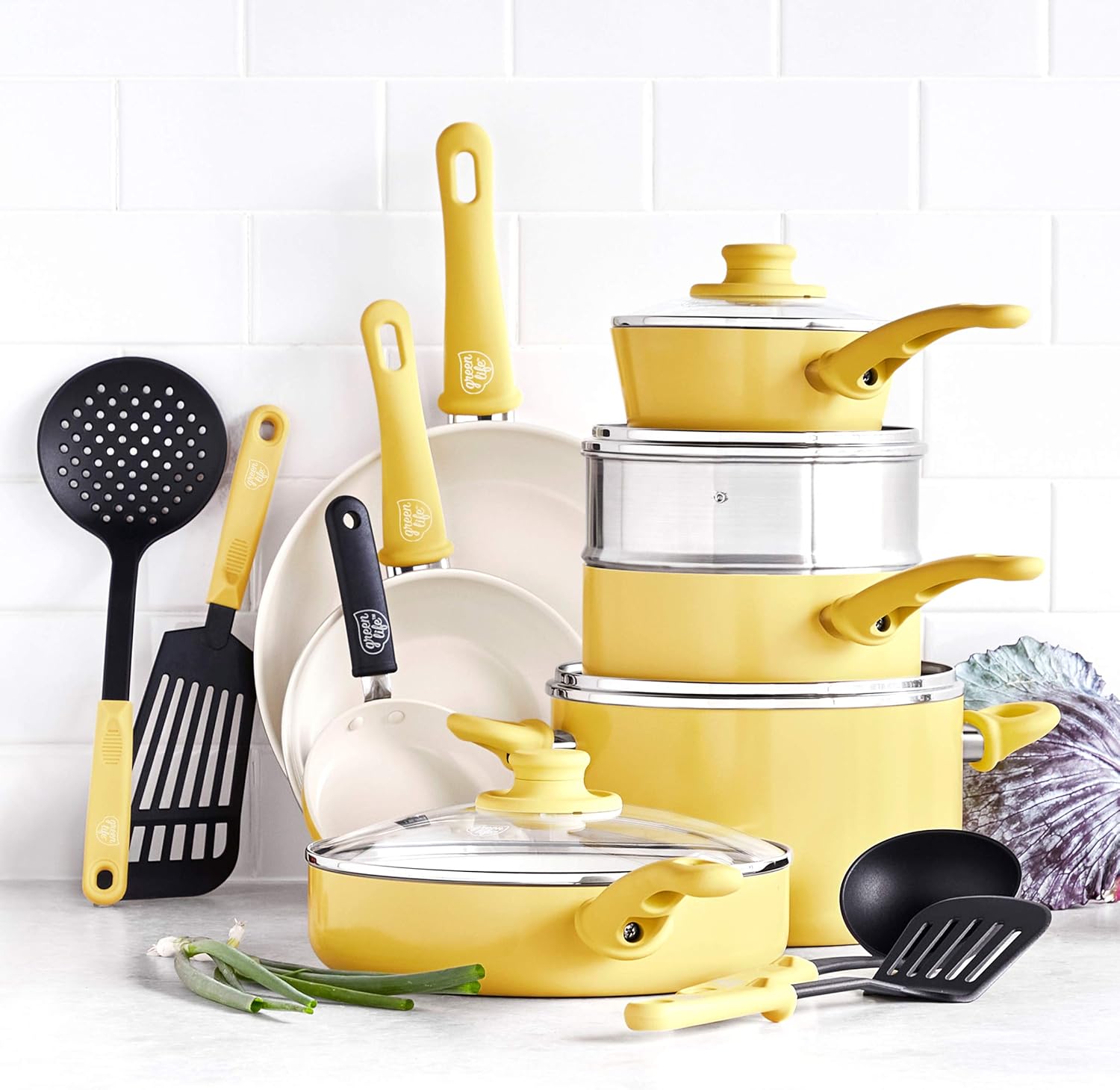 GreenLife 16 Piece Ceramic Nonstick Cookware Set with Kitchen Utensils and 2 Piece Cutting Board Set, Yellow
