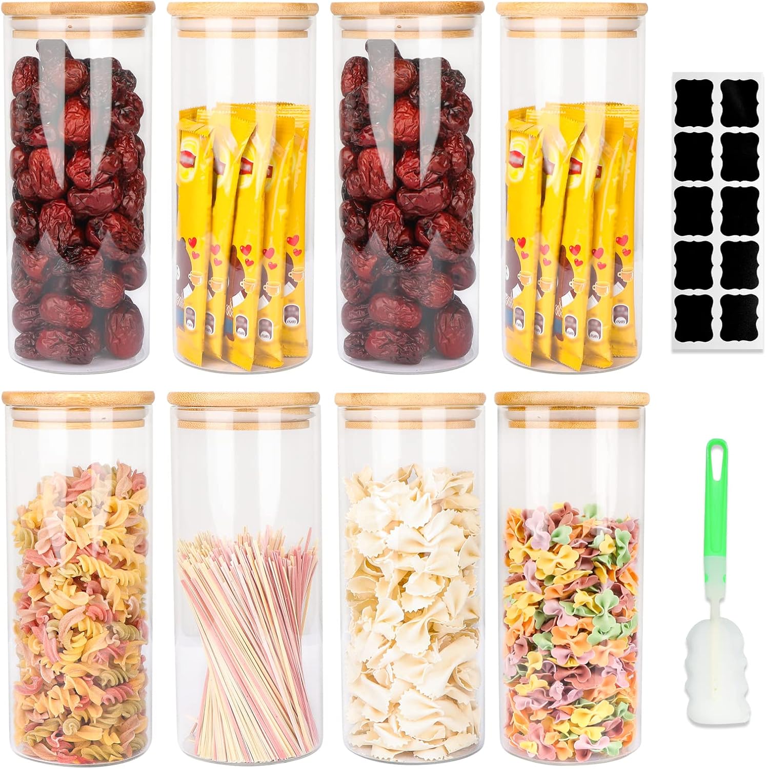 32 OZ Glass Storage Jars with Airtight Bamboo Lids, Set of 8 Food Storage Jars with Wood Lids, Glass Kitchen Canisters, Clear Container for Flour, Dry Goods, Cookie, Candy, Rice, Pasta