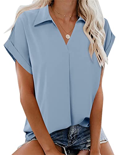 Gaharu Women's Summer Work Blouse V Neck Short Sleeve Lapel Shirt Top Tunic