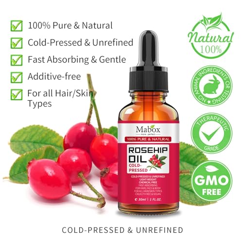 Rosehip Oil For Face, Rosehip Seed Oil, 100% Pure Organic Cold Pressed Rosehip Oil For Face, Hair, Skin and Nail, Natural Moisturizer Facial Serum, Anti-Aging Face Oil For Women (30ml)