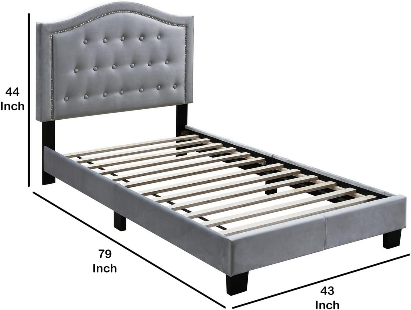 Benjara BM232025 Curved Headboard with Button Tufted Twin Velvet Bed, Gray