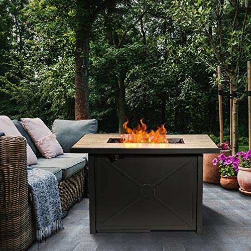 Teamson Home 40,000 BTU Square Steel Outdoor Fire Pit Table Outside Propane Gas Firepit Tabletop with Woven Textilene Base, 6.6 Pounds Lava Rocks, PVC Cover for Patio Deck Backyard, 28 Inch, Beige