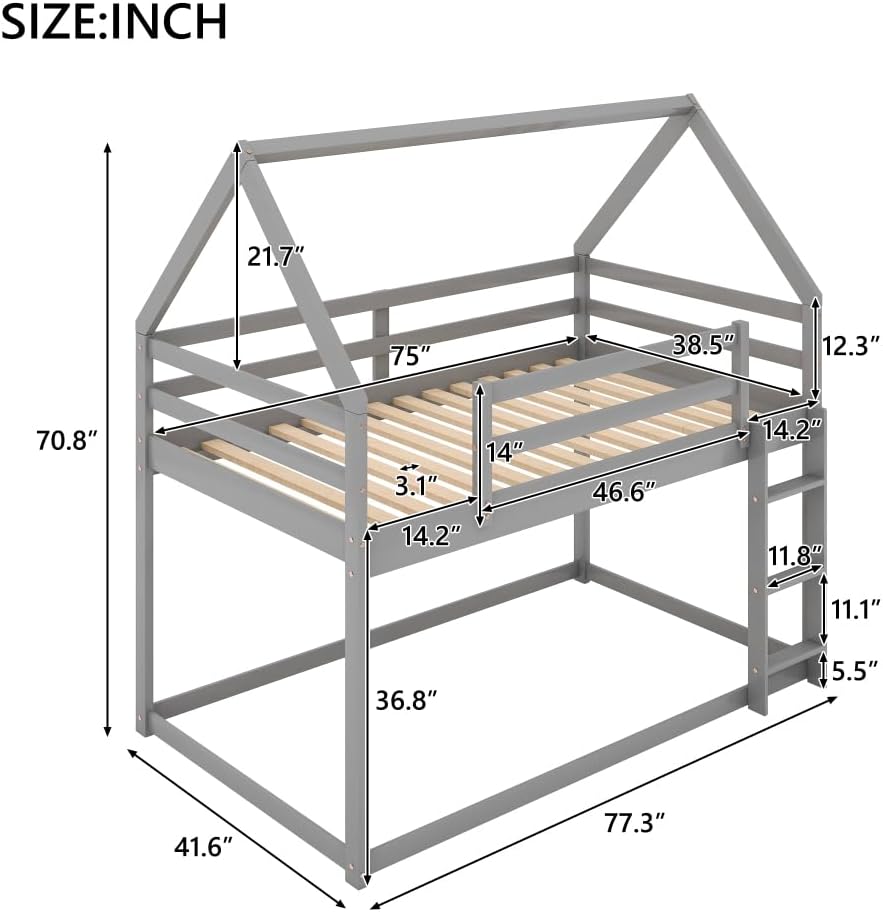 Twin Over Twin Low Bunk Bed, House Bed with Ladder, Gray 1-Numbers of Package Pine Wood+MDF 14pcs 77.3