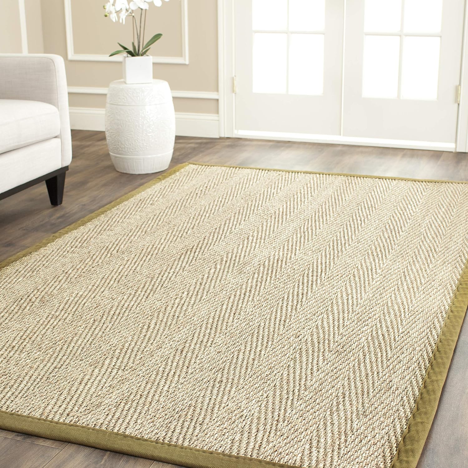 SAFAVIEH Natural Fiber Collection 6' Square Olive NF115G Border Herringbone Seagrass Area Rug