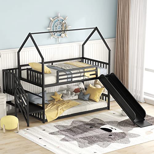 Twin Over Twin Metal Bunk Bed House Shaped Bed with Convertible Slide and Built-in Staircase,​ Sturdy Metal Frame & Full-Length Guardrails for Safety, 92.5