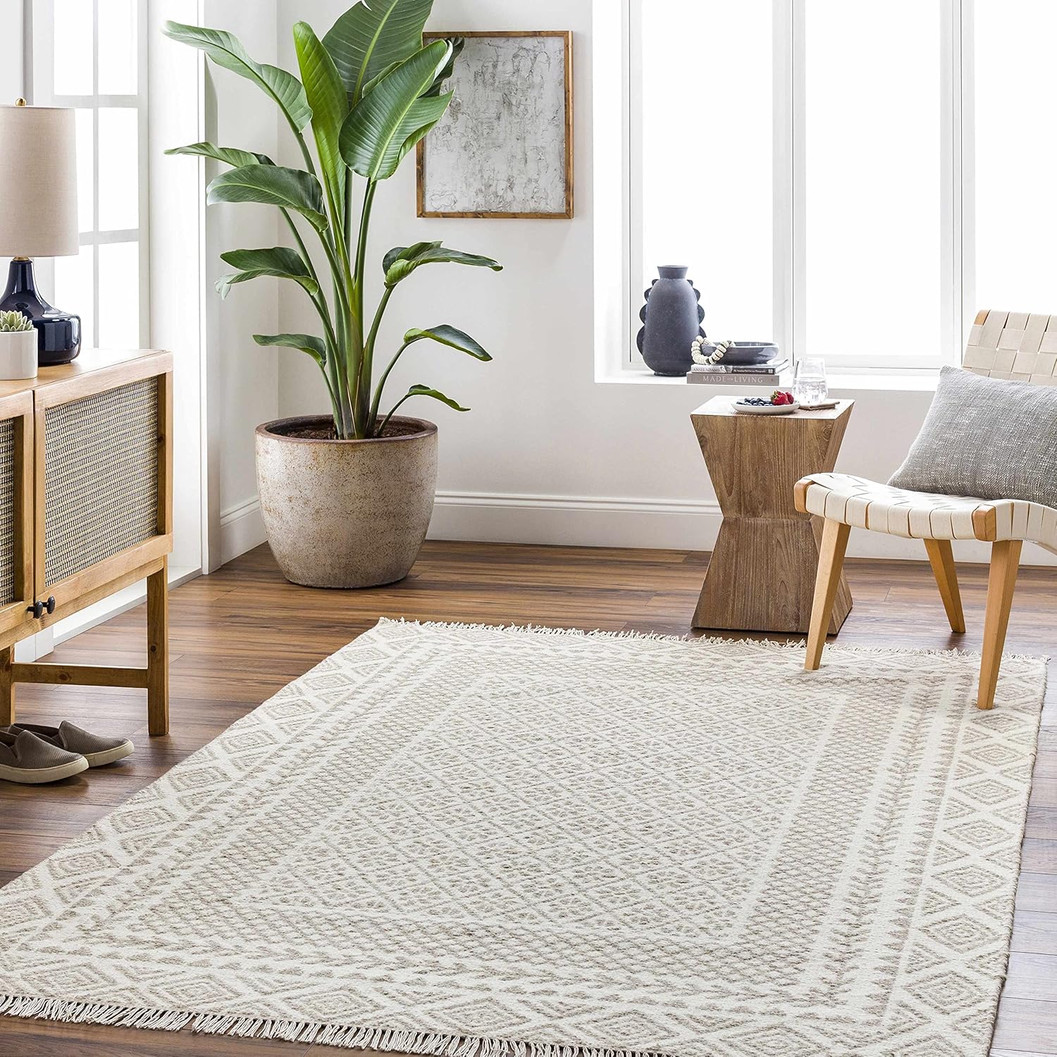 Hauteloom Albus Wool Living Room, Bedroom Area Rug - Bordered - Boho, Bohemian Carpet - Modern Farmhouse - Brown, Gray, Beige, Cream - 8' x 10'