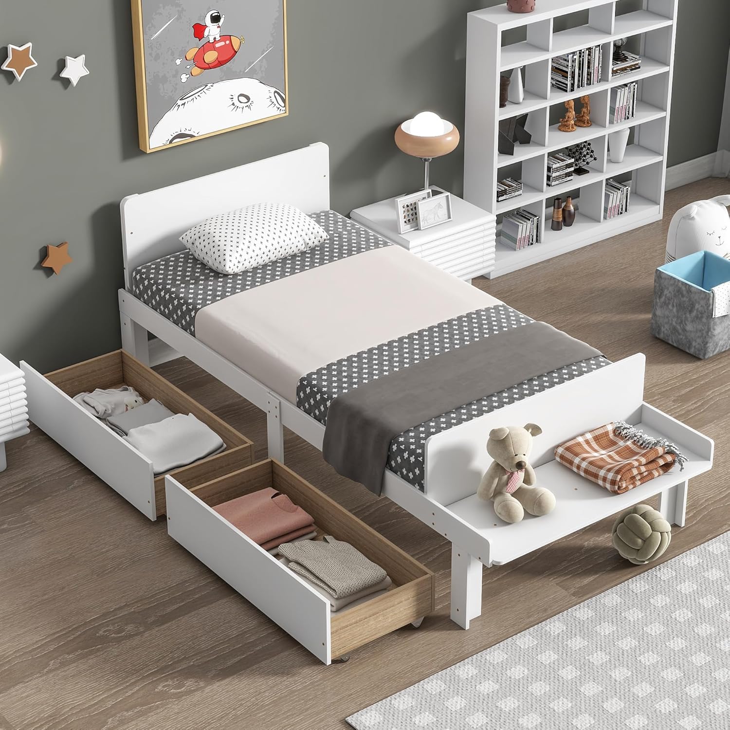 Bellemave Twin Size Platform Bed with Footboard Bench, Low Platform Bed Frame with Storage Drawers for Kids Boys Girls,Solid Wood Twin Bed Frame (Twin,White)