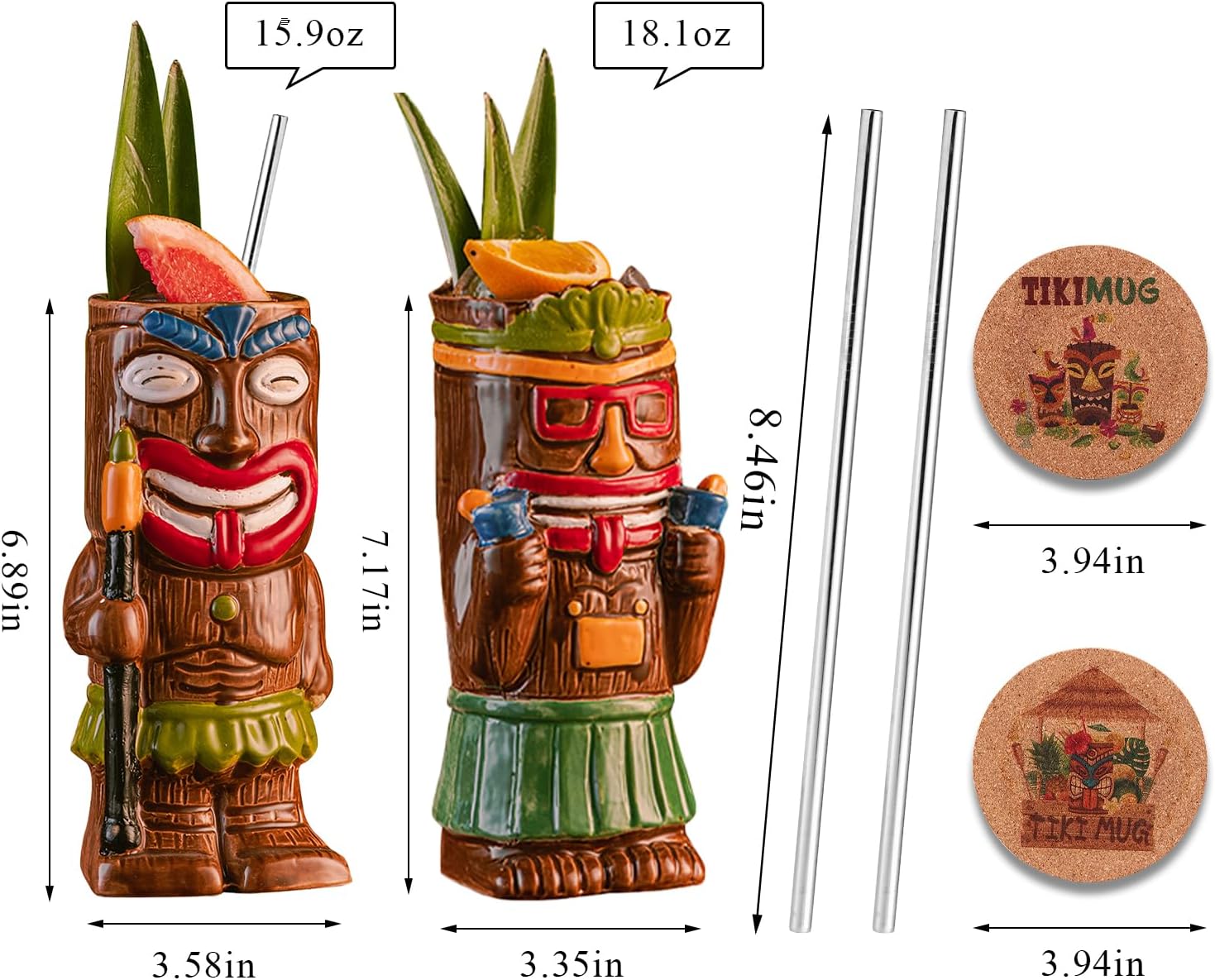 Cocktail Tiki Mugs Set Of 2 - Exotic Mug With 2 Coasters And 2 Straws，Cute Ceramic Hawaiian Style Cocktail Glasses For Party And Tropical Tiki Bar，Mai Tai Cocktail Drinkware