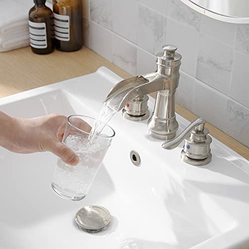 Widespread Bathroom Faucet 3 Hole Brushed Nickel Waterfall with Pop up Drain Assembly 2 Handle Sink Vanity Overflow Commercial Supply Line