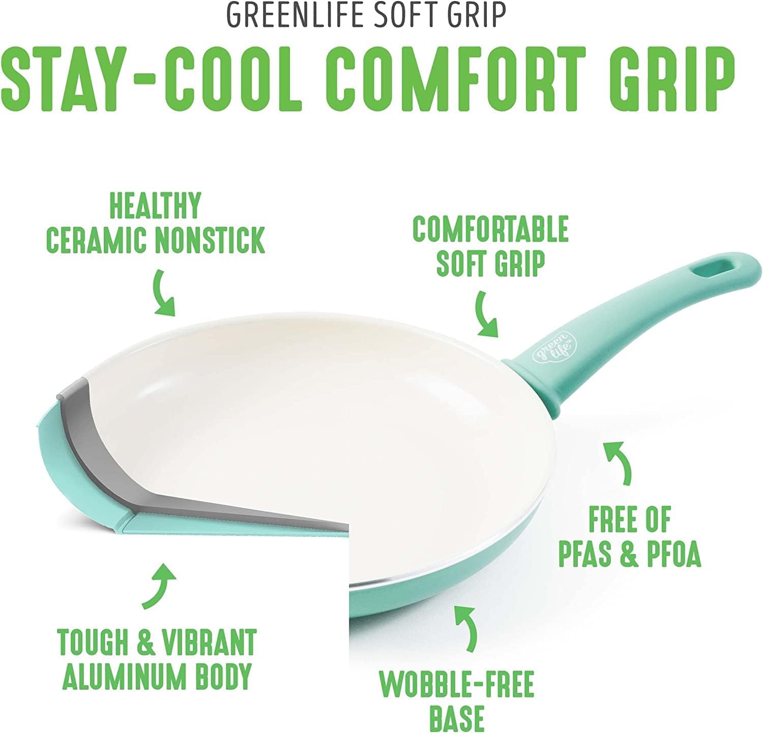 GreenLife Soft Grip Healthy Ceramic Nonstick 16 Piece Kitchen Cookware Pots and Frying Sauce Pans Set, Turquoise & Soft Grip Healthy Ceramic Nonstick, 8