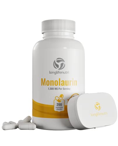 Monolaurin Supplement 1500mg 200 Vegetarian Capsules | Extra Strength Pure Glycerol and Lauric Acid from Raw Coconut | Immune System and Natural Digestion Support | Non-GMO Gluten Free Powder Pill