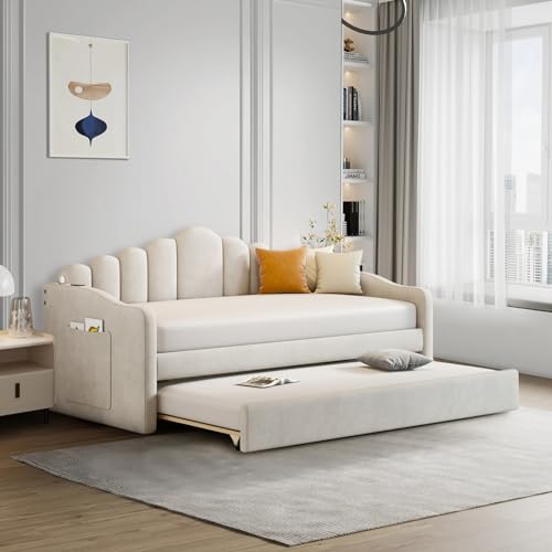 Twin Size Daybed with Trundle, Velvet Day Bed Frame with 2 USB Charging Ports, No Box Spring Needed, Modern Upholstered Sofa Bed with Roll-out Trundle for Bedroom, Living Room, Guest Room, Pink
