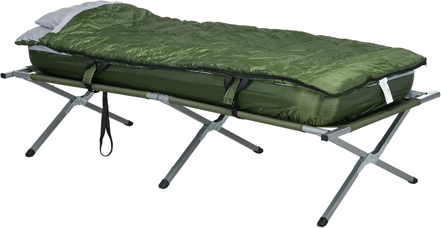 Outsunny Camping Cot, Outdoor Folding Bed Set with Mattress, Sleeping Bag, Pillow, and Carry Bag, Comfortable and Portable, for Travel Camp Beach