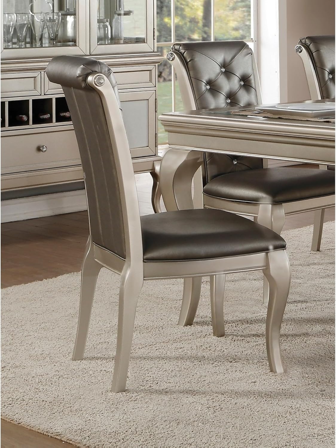 Crystal Button-Tufted Side Chairs 2pc Set Silver Finish Wood Frame Gray Faux Leather Upholstered Dining Furniture