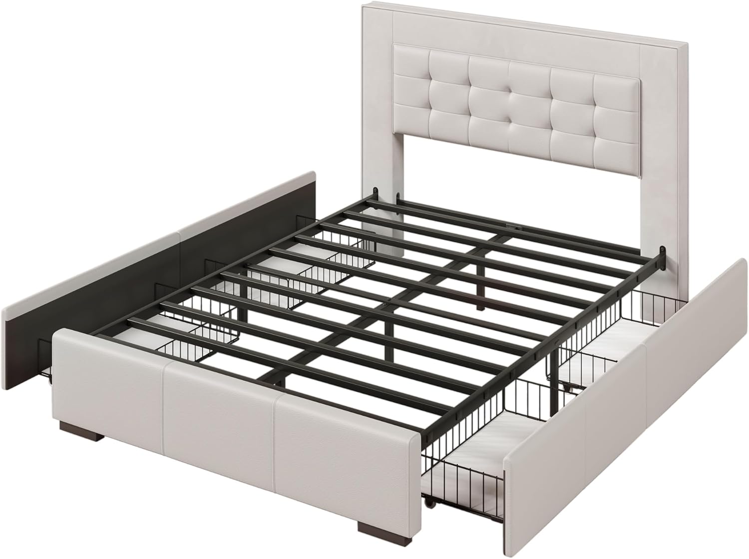 Modern Style Upholstered Queen Platform Bed Frame with Four Drawers, Button Tufted Headboard with PU Leather and Velvet, Beige